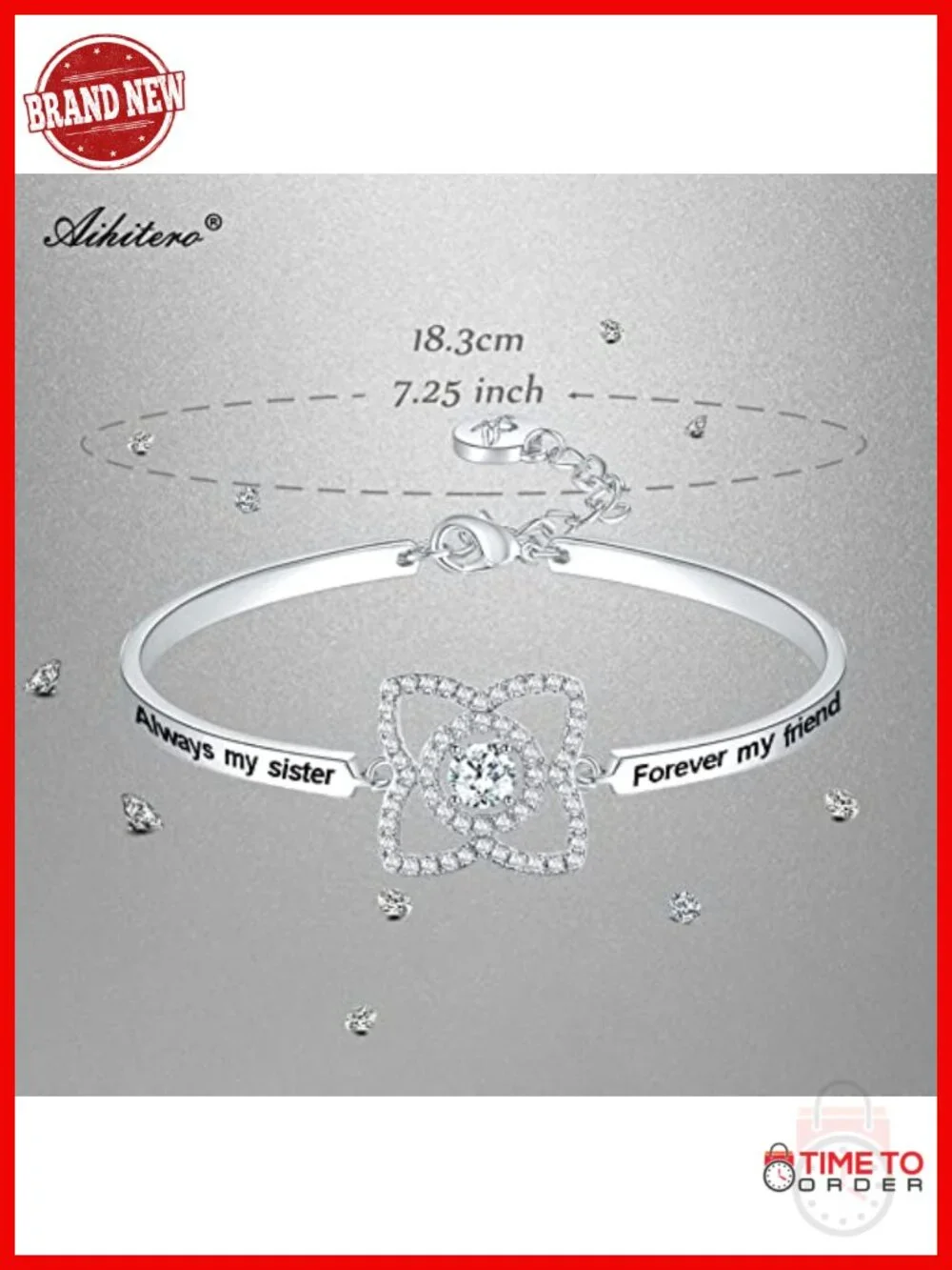 White Gold Plated Bangle Bracelet with Cubic Zirconia, Inspirational Sister Gift